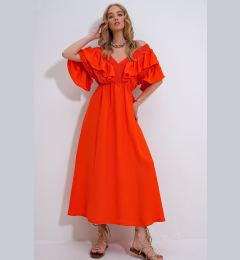 Снимка на Trend Alaçatı Stili Women's Coral Collar Gimped and Flounced Waist Belted Midi-Weaving Dress