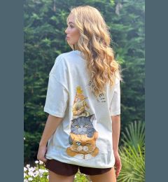 Снимка на Trend Alaçatı Stili Women's Ecru Crew Neck Front Back Paw Printed Oversize T-Shirt