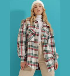 Снимка на Trend Alaçatı Stili Women's Emerald Green Checkered Stamped Cotton Oversized Safari Jacket Shirt