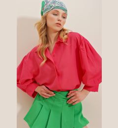 Снимка на Trend Alaçatı Stili Women's Fuchsia Balloon Sleeve Concealed Poplin Basic Poplin Shirt