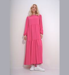 Снимка на Trend Alaçatı Stili Women's Fuchsia Boat Neck Balloon Sleeve Layered Flounced Waist Belted Woven Viscose Dress