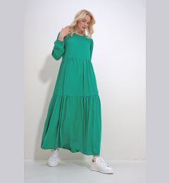 Снимка на Trend Alaçatı Stili Women's Green Boat Neck Balloon Sleeve Layered Flounced Waist Belted Woven Viscose Dress