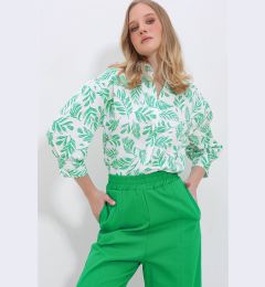 Снимка на Trend Alaçatı Stili Women's Green Leaf Patterned Balloon Sleeve Linen Shirt with Hidden Pop Up