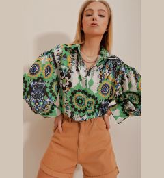 Снимка на Trend Alaçatı Stili Women's Green Princess Ethnic Patterned Flamed Linen Woven Shirt