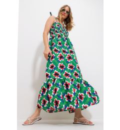 Снимка на Trend Alaçatı Stili Women's Green Strap Skirt Flounce Floral Pattern Gimped Woven Dress