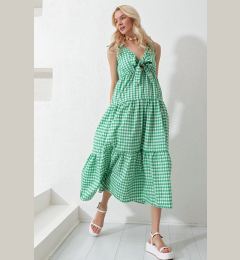 Снимка на Trend Alaçatı Stili Women's Green Strappy Layered Flounced Front Lace Up Maxi Length Poplin Woven Dress