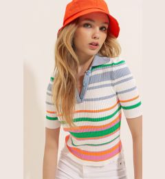 Снимка на Trend Alaçatı Stili Women's Indigo Polo Neck Multi Color Striped Ribbed Knitwear T-Shirt