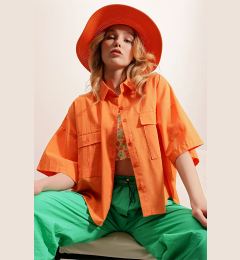 Снимка на Trend Alaçatı Stili Women's Orange Double Pocket Half Sleeve Linen Shirt