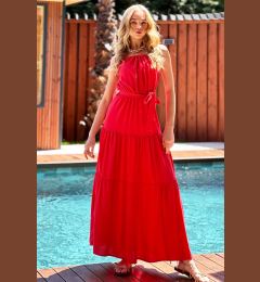 Снимка на Trend Alaçatı Stili Women's Red Strap Layered Flounce Maxi Length Woven Viscose Dress