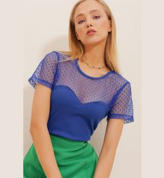 Снимка на Trend Alaçatı Stili Women's Saks Crew Neck Tulle Detailed Polka Dot Knitted Blouse