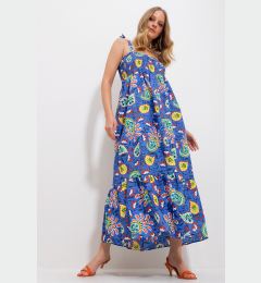 Снимка на Trend Alaçatı Stili Women's Saxe Blue Strap Skirt Flounce Floral Pattern Gimped Woven Dress