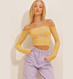 Снимка на Trend Alaçatı Stili Women's Yellow Lilac Rope Strap Detailed Long Sleeve Patterned Crop Knitted Blouse