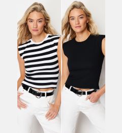 Снимка на Trendyol 2-Pack Black-Multicolor Striped and Straight Ribbed Crop Moon Sleeve Elastic Knitted Blouse