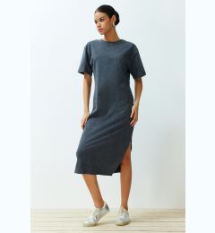 Снимка на Trendyol Anthracite 100% Cotton Distressed Effect Slit Shift/Comfortable Fit Knitted T-shirt Dress