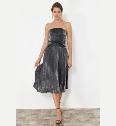 Снимка на Trendyol Anthracite A-Cut Pleated Shiny Woven Elegant Evening Dress