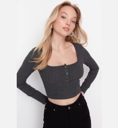 Снимка на Trendyol Anthracite Button Detailed Square Neck Fitted Flexible Crop Knitted Blouse