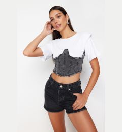 Снимка на Trendyol Anthracite Denim Detailed Crop Padded Knitted Blouse