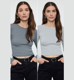 Снимка на Trendyol Anthracite-Grey Pack Body-Smoothing Crew Neck Ribbed Crop Flexible Knitted Blouse