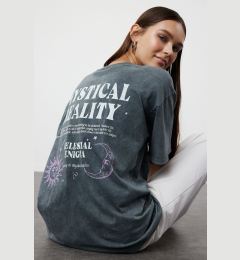 Снимка на Trendyol Anthracite Oversize/Wide Pattern Washed Slogan and Back Printed 100% Cotton Knitted T-Shirt