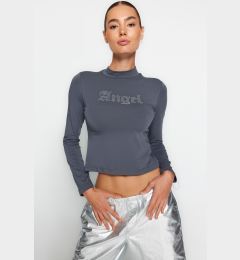 Снимка на Trendyol Anthracite Stone Slogan Printed Cotton Stretch High Neck Fitted/Situated Knitted Blouse