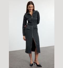 Снимка на Trendyol Anthracite Zippered Pocket Detailed Gabardine Fabric Midi Woven Shirt Dress