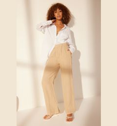 Снимка на Trendyol Beige 100% Linen Pleated High Waist Wide Leg Trousers