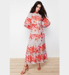 Снимка на Trendyol Beige Lined Floral Pattern Belted Woven Dress