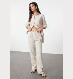 Снимка на Trendyol Beige Linen Blend High Waist Striped Wide Leg Trousers