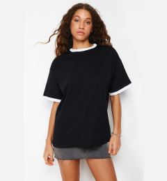 Снимка на Trendyol Black 100% Cotton Contrast Collar and Stripe Detailed Oversize/Relaxed Cut Knitted T-Shirt