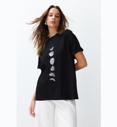 Снимка на Trendyol Black 100% Cotton Planet Print Oversize/Wide Knit T-Shirt