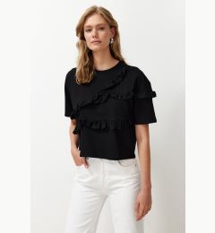 Снимка на Trendyol Black 100% Cotton Ruffle Detailed Relaxed/Comfortable Fit Short Sleeve Knitted T-Shirt