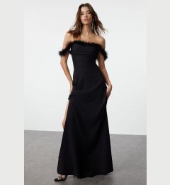 Снимка на Trendyol Black A-Cut Otriş Detailed Woven Long Evening Dress