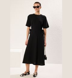 Снимка на Trendyol Black A-Line Skirt with Side Tie Detail Midi Woven Crepe Dress