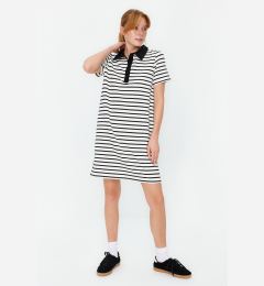 Снимка на Trendyol Black and White Striped Polo Neck A-Line/A-Line Form Knitted Mini Dress