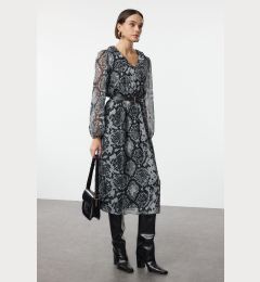 Снимка на Trendyol Black Animal Belted Midi Woven Dress