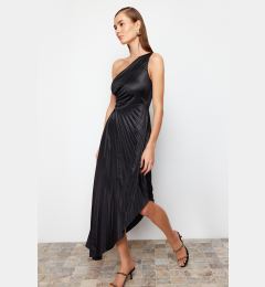 Снимка на Trendyol Black Asymmetrical Pleat Detailed Knitted Satin Elegant Evening Dress