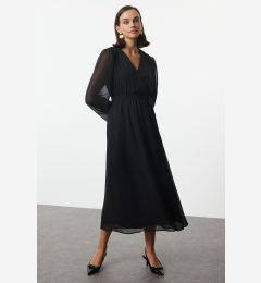 Снимка на Trendyol Black Belted A-Line Double Breasted Collar Lined Chiffon Maxi Woven Dress