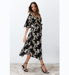 Снимка на Trendyol Black Belted Floral Print A-line Double-breasted Collar Midi Woven Dress