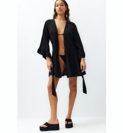 Снимка на Trendyol Black Belted Mini Woven Frilly Kimono & Kaftan