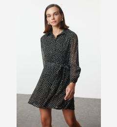 Снимка на Trendyol Black Belted Polka Dot Waist Opening Lined Chiffon Woven Winter Dress