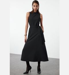 Снимка на Trendyol Black Belted Waist Opening Stand Collar Midi Woven Dress