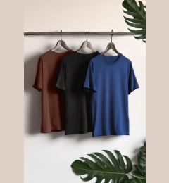 Снимка на Trendyol Black-Brown-Navy Blue Basic Slim 100% Cotton 3-Pack Short Sleeve T-Shirt