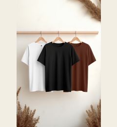 Снимка на Trendyol Black-Brown-White Slim/Slim Cut Crew Neck 100% Cotton 3-Pack T-Shirt