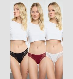 Снимка на Trendyol Black-Burgundy-White 3-Pack Cotton Lace Detailed Brazilian Knitted Panties