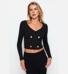 Снимка на Trendyol Black Button Detailed V-Neck Ribbed Stretchy Crop Knitted Blouse