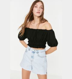 Снимка на Trendyol Black Carmen Collar Wrap Crop Knitted Blouse