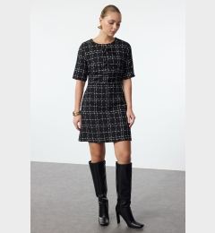 Снимка на Trendyol Black Checkered A-Line Bow Detailed Mini Woven Tweed Dress