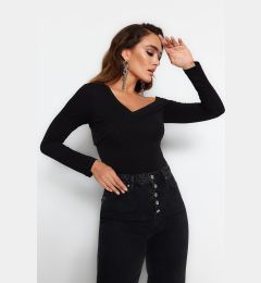 Снимка на Trendyol Black Cotton Stretchy Flounce Fitted Crop Knitted Blouse