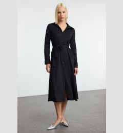 Снимка на Trendyol Black Crepe Shift Belted Long Sleeve Stretch Knit Dress