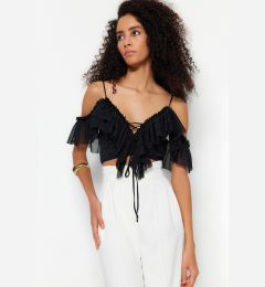 Снимка на Trendyol Black Crop Ruffle Knitted Blouse